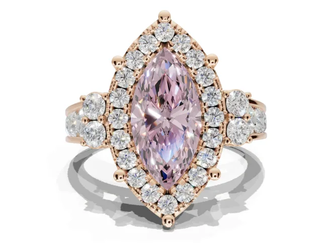 Marquise Halo Engagement Ring Setting for a Fancy Pink Lab-Grown Diamond | Side Clusters | Rose Gold