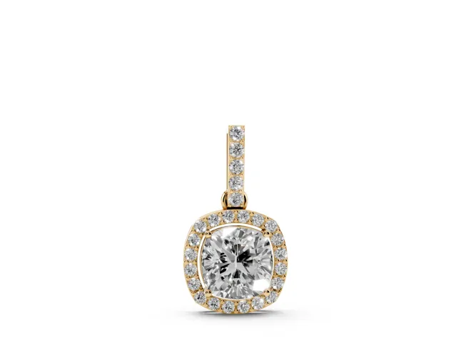 Cushion Cut Lab-Grown Diamond Halo Pendant Necklace | Pavé Bail | Yellow Gold