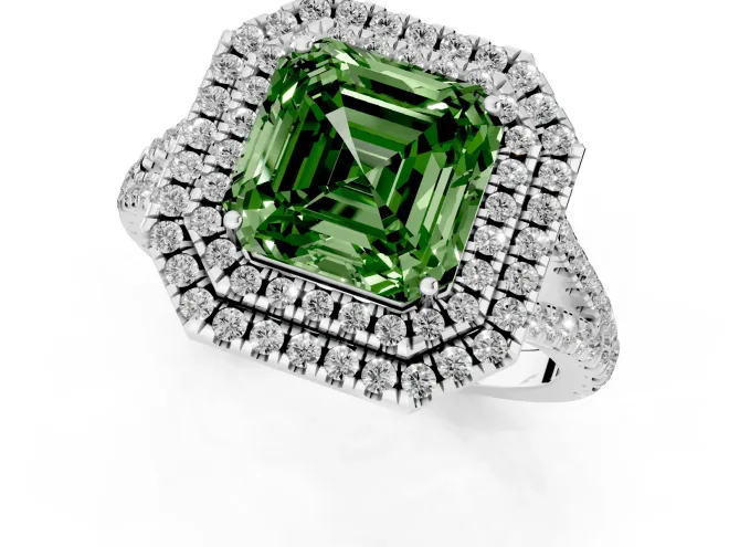 Fancy Green Asscher Cut Diamond Double Halo Ring Set in White gold with Pavé Band – second view