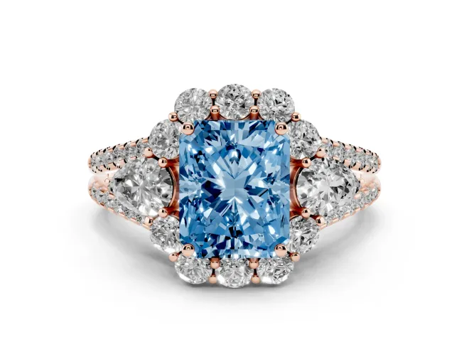 Radiant Cut Scalloped Halo Engagement Ring Setting for a Fancy Blue Lab-Grown Diamond | Pear Side Stones | Rose Gold