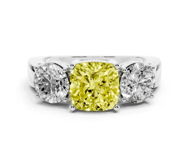 Cushion Cut Three Stone Engagement Ring Setting for a Fancy Yellow Lab-Grown Diamond | Wide Plain Band | White Gold