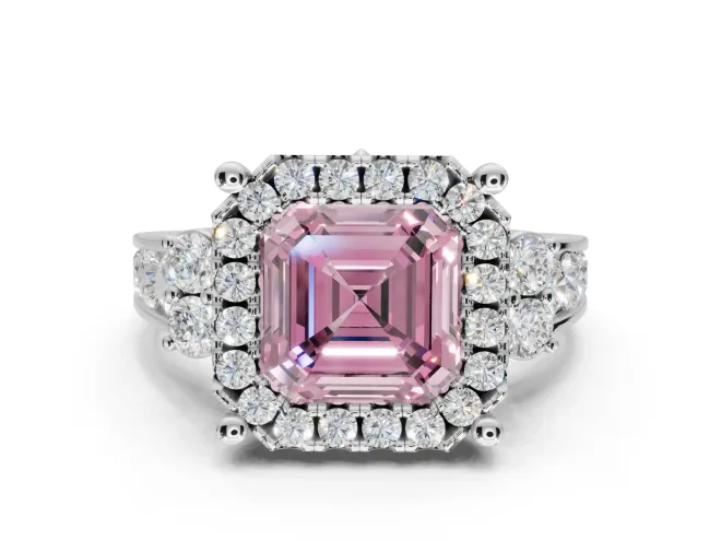 Asscher Cut Halo Engagement Ring Setting for a Fancy Pink Lab-Grown Diamond | Graduated Channel Band | White Gold