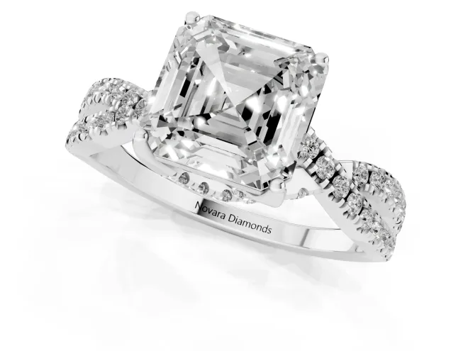 Asscher Cut Diamond Twist Pavé Solitaire Engagement Ring Set in Silver with Prong Setting – second view