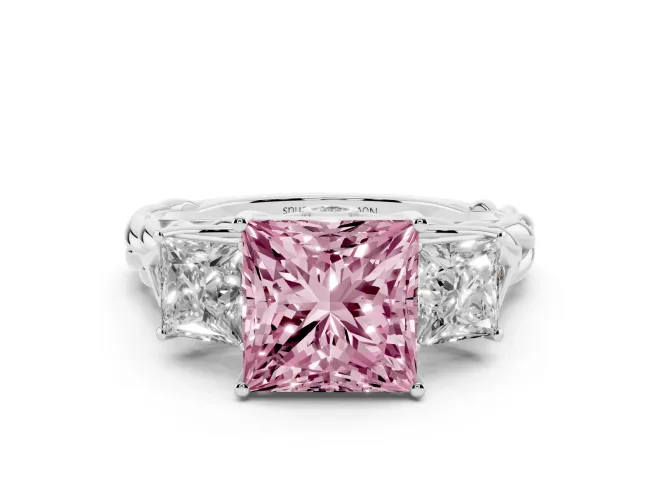 Princess Cut Three Stone Engagement Ring Setting for a Fancy Pink Lab-Grown Diamond | Braided Band | White Gold