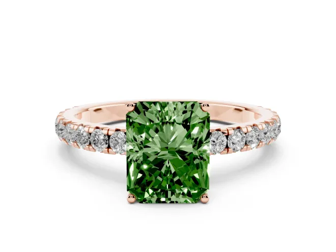 Fancy Green Radiant Cut Diamond Pavé Solitaire Engagement Ring Set in Rose gold with Prong Setting