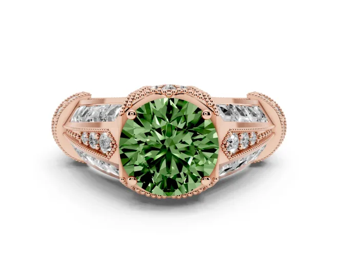 Fancy Green Round Cut Diamond Vintage-Inspired Milgrain Ring Set in Rose gold with Accent Split Shank