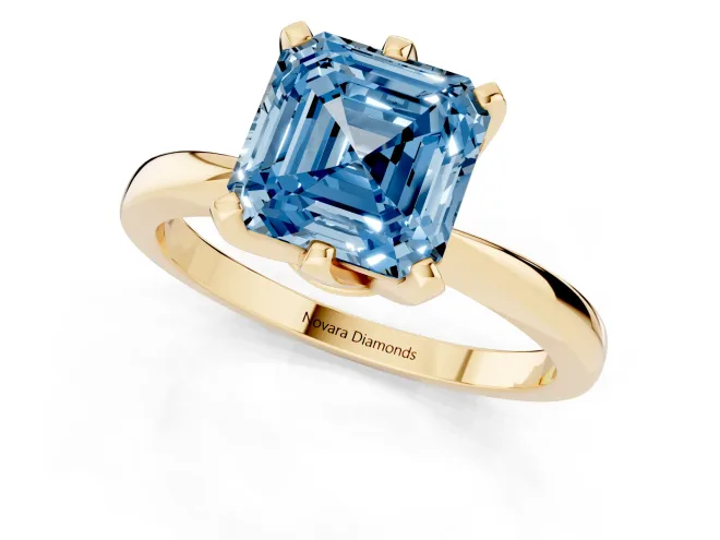 Fancy Blue Asscher Cut Diamond Solitaire Engagement Ring Set in Yellow gold with Slim Tapered Solitaire Band – second view
