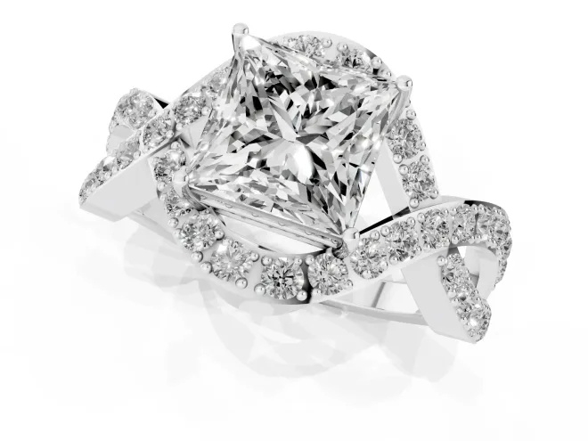 Princess Cut Diamond Solitaire Twist Band Pavé Engagement Ring Set in White gold – second view