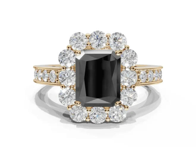 Radiant Cut Vintage Halo Engagement Ring Setting for a Black Center | Yellow Gold