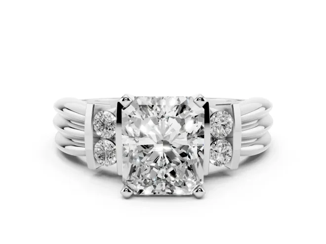 Three-Stone Radiant Cut Diamond Channel Set Ring Set in White gold with Bar Prongs
