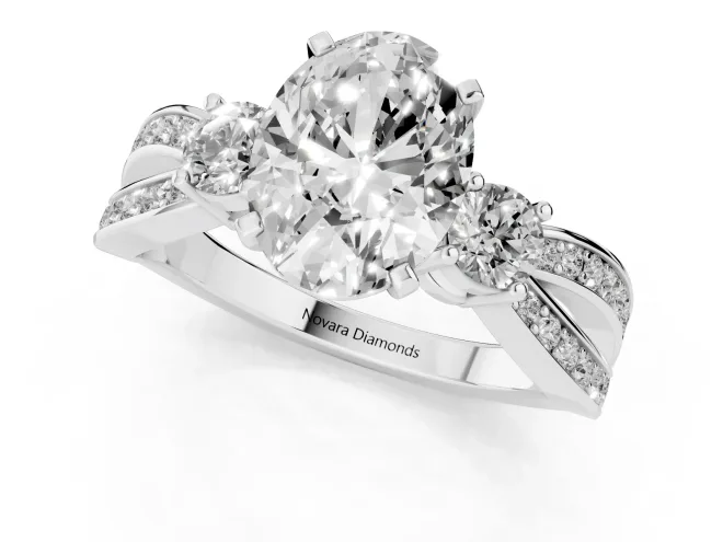 Three-Stone Oval Cut Diamond Twist Band Ring Set in Silver with Pavé Accents and Prong Setting – second view