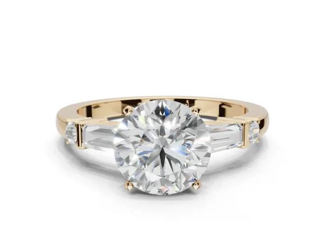 Round Tapered Baguette Engagement Ring Setting | Bar Set Sides | Yellow Gold