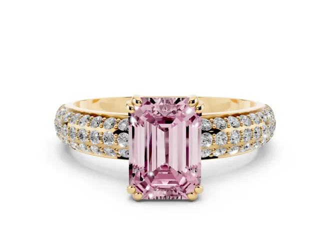 Emerald Cut Three Row Pavé Engagement Ring Setting for a Fancy Pink Lab-Grown Diamond | Yellow Gold