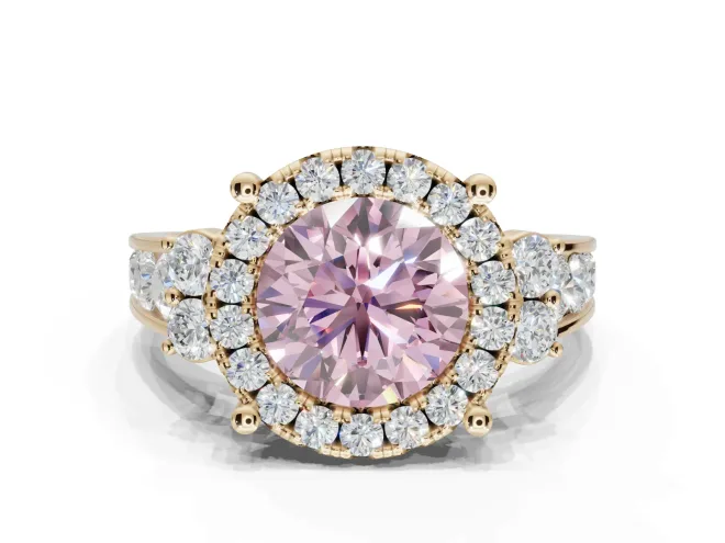 Round Halo Engagement Ring Setting for a Fancy Pink Lab-Grown Diamond | Side Clusters | Yellow Gold
