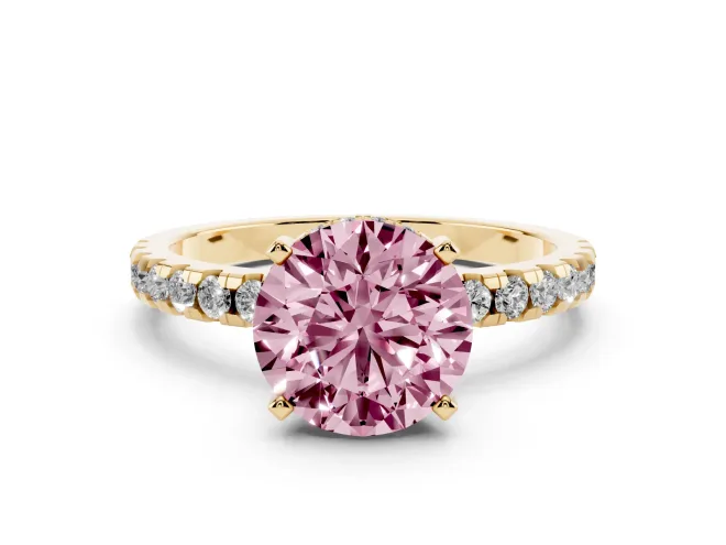 Fancy Pink Round Cut Diamond Pavé Solitaire Ring Set in Yellow gold with Round Band Accents and Prong Setting