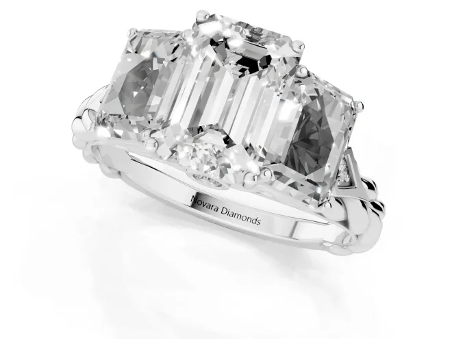 Emerald Cut Diamond Three-Stone Ring Set in Silver with Braided Band – second view