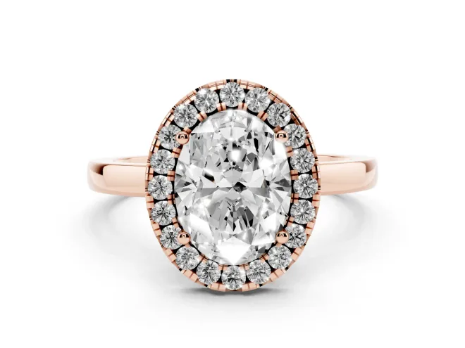Oval Cut Diamond Halo Solitaire Ring Set in Rose gold with Pavé Band and Prong Setting