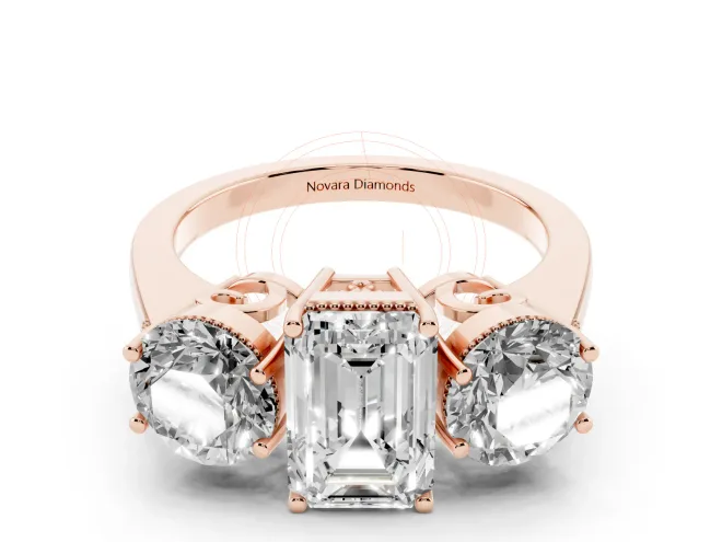 Emerald Cut Diamond Three-Stone Engagement Ring Set in Rose gold with Polished Band