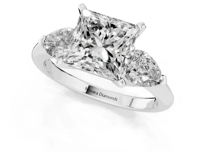 Three-Stone Princess Cut Diamond Ring Set in Silver with Pear Side Stones and Prong Setting – second view