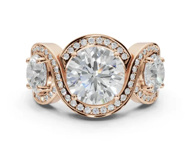 Round Three Stone Halo Engagement Ring Setting | Pavé Wave Band | Rose Gold