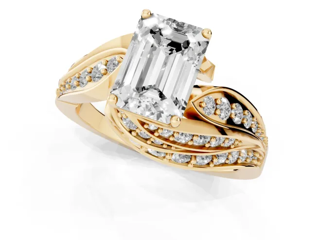 Emerald Cut Diamond Solitaire Ring Set in Yellow gold with Layered Twist Pavé Band – second view