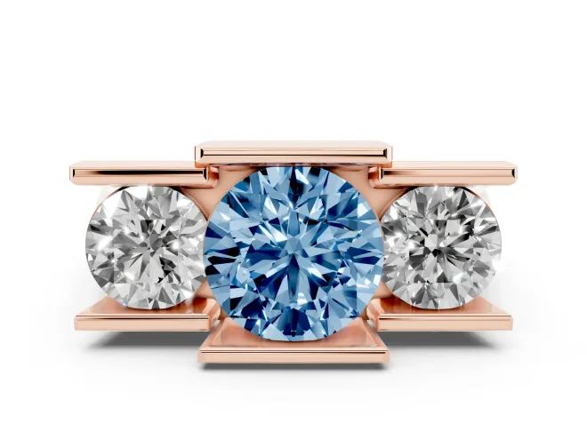 Round Channel-Set Three Stone Engagement Ring Setting for a Fancy Blue Lab-Grown Diamond | Rose Gold