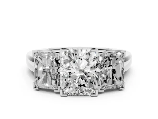 Radiant Cut Diamond Three-Stone Ring Set in Platinum with Channel-Set Band and Prong Settings