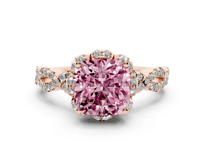 Cushion Cut Milgrain Halo Engagement Ring Setting for a Fancy Pink Lab-Grown Diamond | Graduated Shoulders | Rose Gold