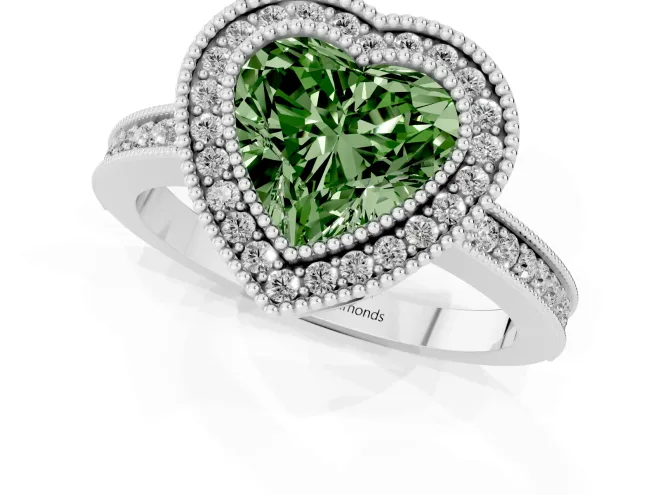 Fancy Green Heart Cut Diamond Round Halo Ring Set in White gold with Pavé Band – second view
