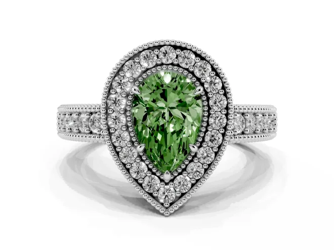 Pear-Shaped Milgrain Halo Engagement Ring Setting for a Fancy Green Lab-Grown Diamond | Sterling Silver