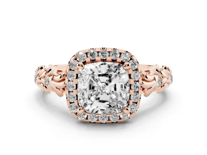 Cushion Cut Diamond Halo Ring Set in Rose gold with Filigree Leaf Band and Prong Setting