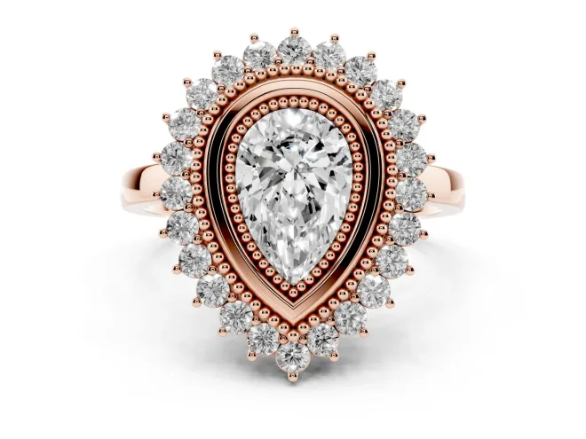 Pear-Shaped Vintage Milgrain Bezel Halo Engagement Ring Setting | Sunburst Halo | Rose Gold