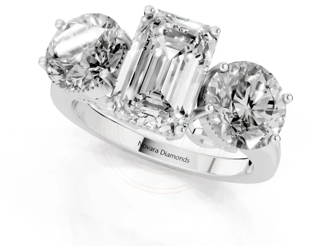 Emerald Cut Diamond Three-Stone Engagement Ring Set in Silver with Polished Band – second view