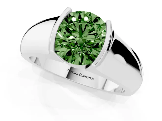 Fancy Green Round Cut Diamond Bezel Solitaire Ring Set in White gold with Wide Band – second view