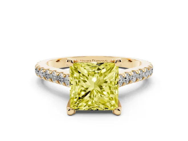 Princess Cut Hidden Halo Pavé Engagement Ring Setting for a Fancy Yellow Lab-Grown Diamond | Claw Prongs | Yellow Gold