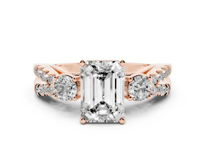 Emerald Cut Three Stone Engagement Ring Setting | Pavé Split Shank | Rose Gold