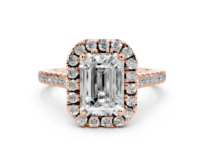 Emerald Cut Halo Engagement Ring Setting | Tapered Band | Rose Gold