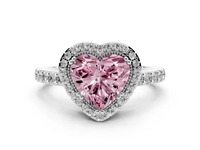Heart-Shaped Vintage Halo Pavé Engagement Ring Setting for a Fancy Pink Lab-Grown Diamond | Milgrain Border | White Gold