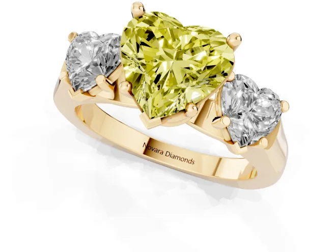 Fancy Yellow Heart Cut Diamond Three-Stone Trellis Ring Set in Yellow gold with Comfort Fit Band – second view