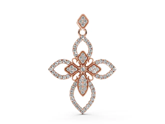 Round Lab-Grown Diamond Pavé Floral Cross Pendant Necklace | Petal Arms | Rose Gold