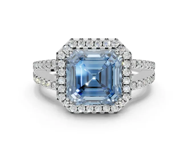 Asscher Cut Halo Split Shank Engagement Ring Setting for a Fancy Blue Lab-Grown Diamond | Pavé Shoulders | White Gold