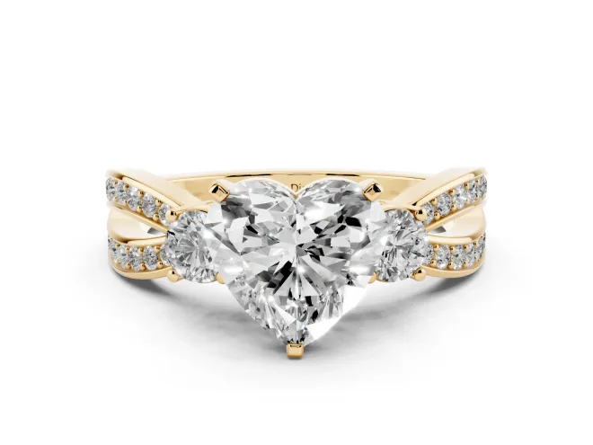 Heart-Shaped Three-Stone Pavé Twist Engagement Ring Setting | Split Shank | Yellow Gold