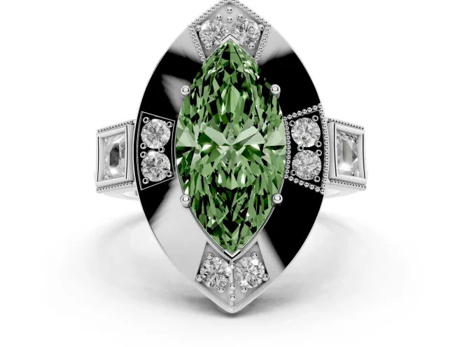 Fancy Green Marquise Cut Diamond Milgrain Halo Ring Set in White gold with Split Shank