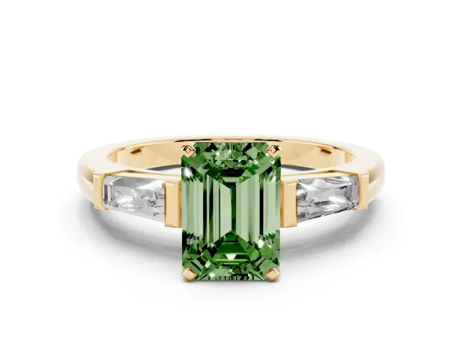 Emerald Cut Three Stone Engagement Ring Setting for a Fancy Green Lab-Grown Diamond | Tapered Baguettes | Yellow Gold