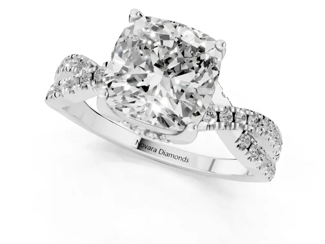 Cushion Cut Diamond Twist Pavé Solitaire Engagement Ring Set in White gold with Prong Setting – second view