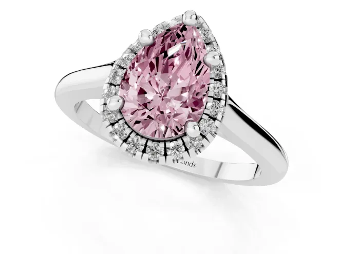 Fancy Pink Pear Cut Diamond Halo Engagement Ring Set in Platinum with Pavé Band and Rising Shoulders – second view