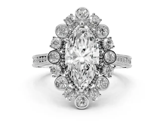 Marquise Cut Diamond Halo Milgrain Pavé Ring Set in White gold with Prong Setting