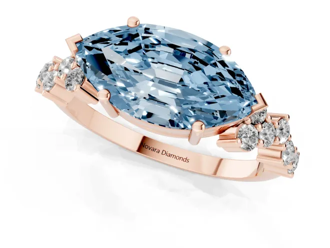 Fancy Blue Marquise Cut Diamond Ring Set in Rose gold with Scattered Round Accents – second view