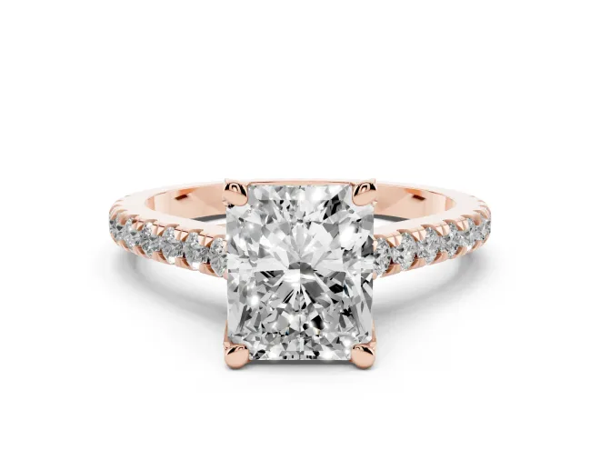 Radiant Cut Hidden Halo Pavé Engagement Ring Setting | Claw Prongs | Rose Gold