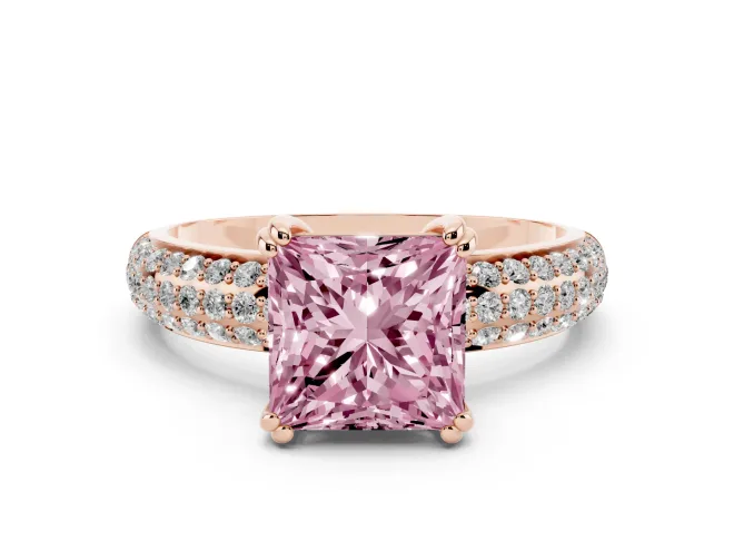 Princess Cut Three Row Pavé Engagement Ring Setting for a Fancy Pink Lab-Grown Diamond | Rose Gold